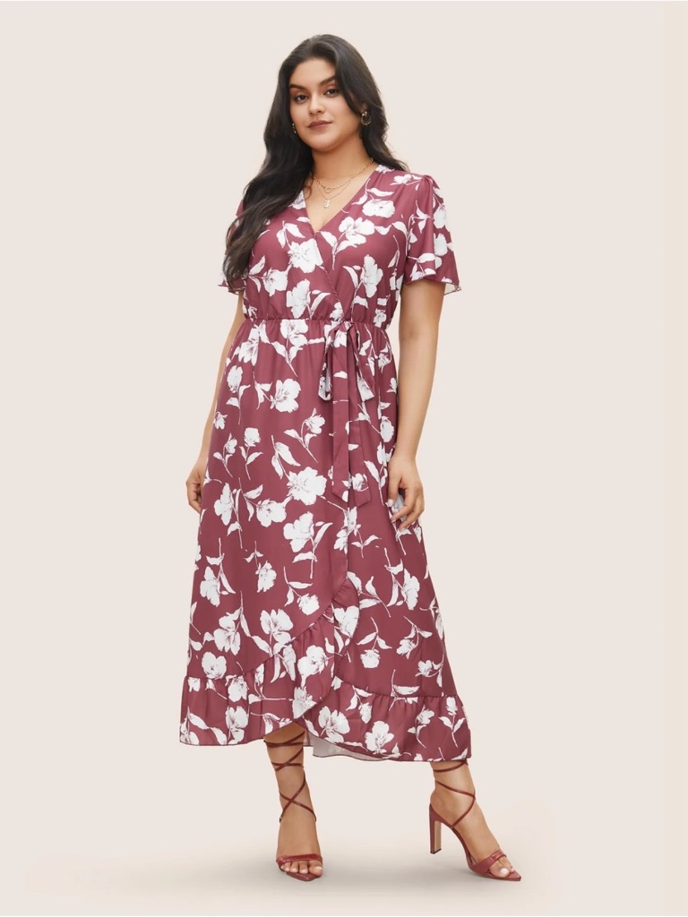 BloomChic Dusty Rose Floral Wrap Midi Dress